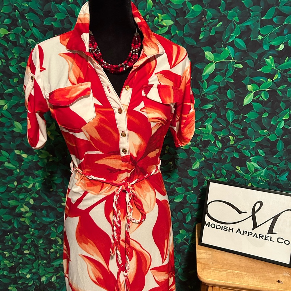 Red and White Floral Dress with Belt